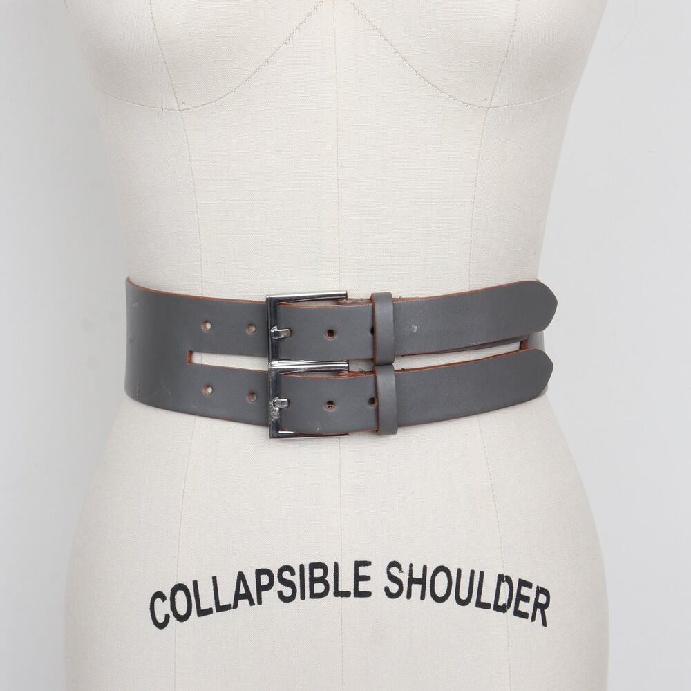 Vintage Linea Pelle Collection Grey Leather Double Buckle Wide Belt Size M